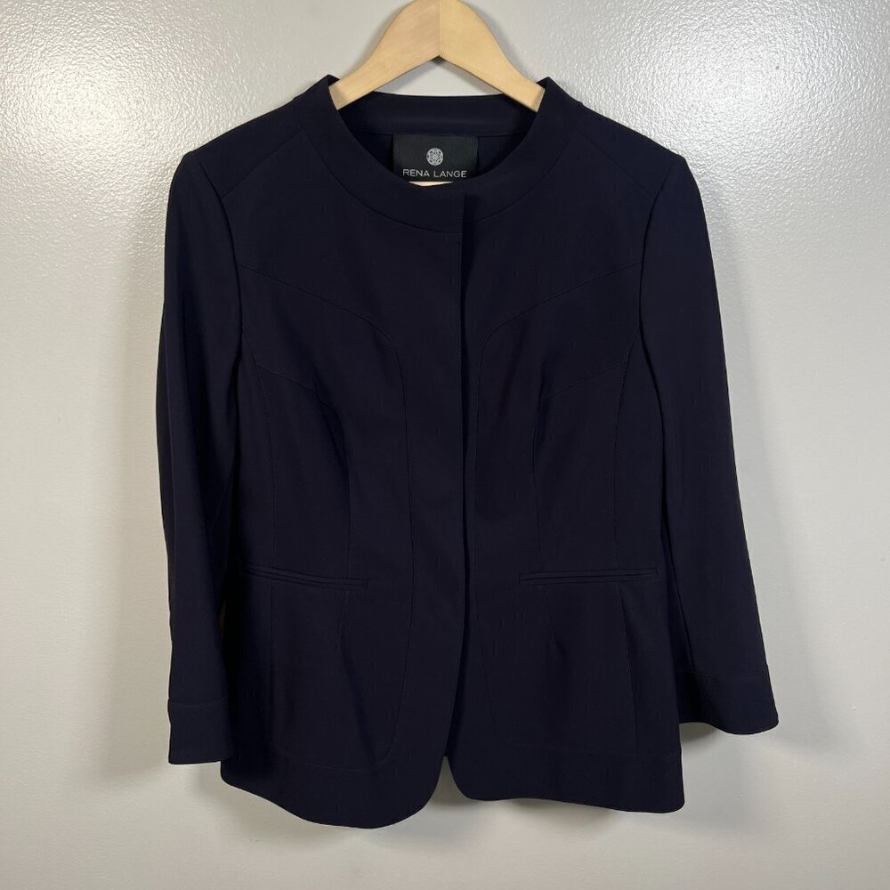 Rena Lange Blazer Jacket Size 10 Navy Blue Work Career Travel Business Office
